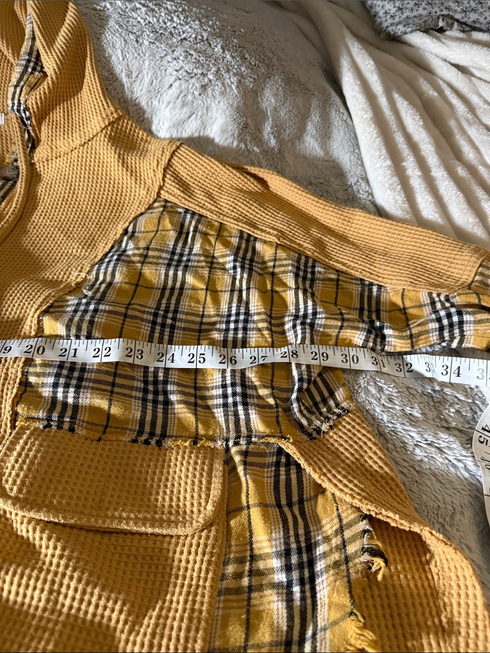 Oli & Hali Mustard Yellow Waffle-Knit Hoodie with Plaid Panels - Picture 6 of 6